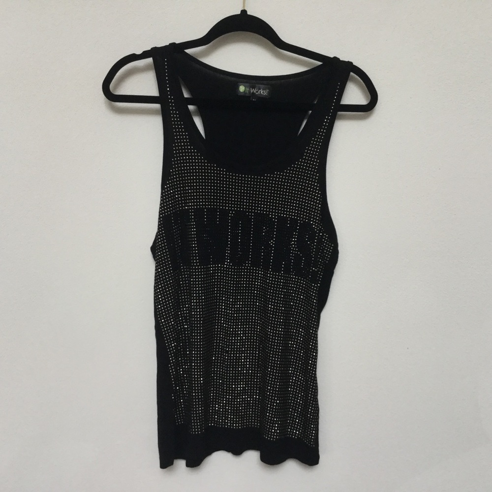 It Works! Black and Silver Bedazzled Thin Razorback Tank Top Size Medium Workout